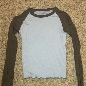 Brandy Melville Raglan Baby Blue and Brown Long Sleeve Shirt